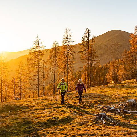 Wanderer bei Sonnenuntergang auf Etappe 7 des Nockberge Trail mit Ausblick Richtung Millstätter See im UNESCO Biosphärenpark.